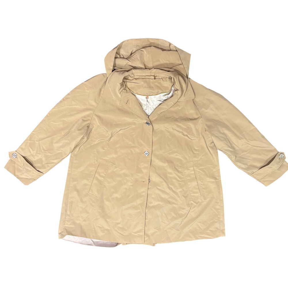 Calvin Klein 2X Tan Polyester Hooded Rain Jacket Quiet Luxury Minimalist Trench